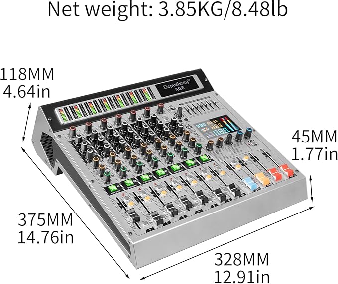 Depusheng AG8 Professional audio mixer 8 Channel with MP3 Player Source USB recording,With grouping and 2 AUX interfaces, 99DSP EFFECTfor Professional and Beginners