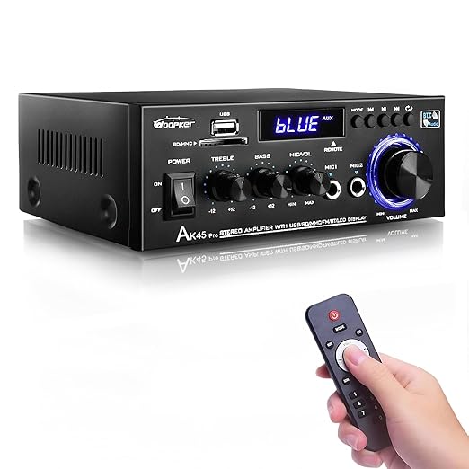 AK55 Stereo Amplifier Home Audio, Bluetooth 5.0 Max 600W Power Stereo Receivers 2.0 Channel Audio Amplifier for Speaker W/Remote Control/AUX/RCA/Echo/USB/2 MIC in for Home Party, Karaoke