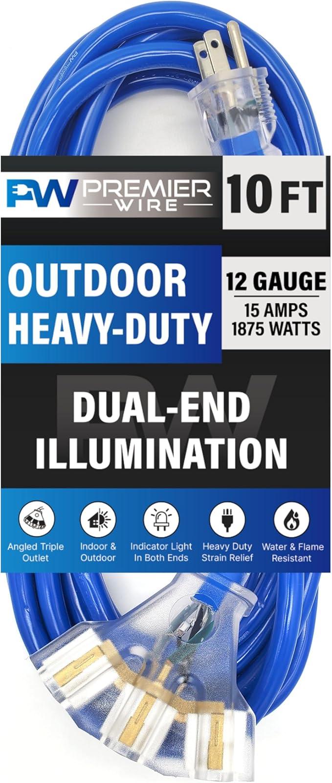 25 ft - 12 Gauge Heavy Duty Extension Cord - Lighted on Both Ends - SJTW Blue - Outdoor Extension_Cord Waterproof 25 ft by Premier Wire - 15 Amp ExtensionCord (25 Foot 12-Awg Power Cord Blue)