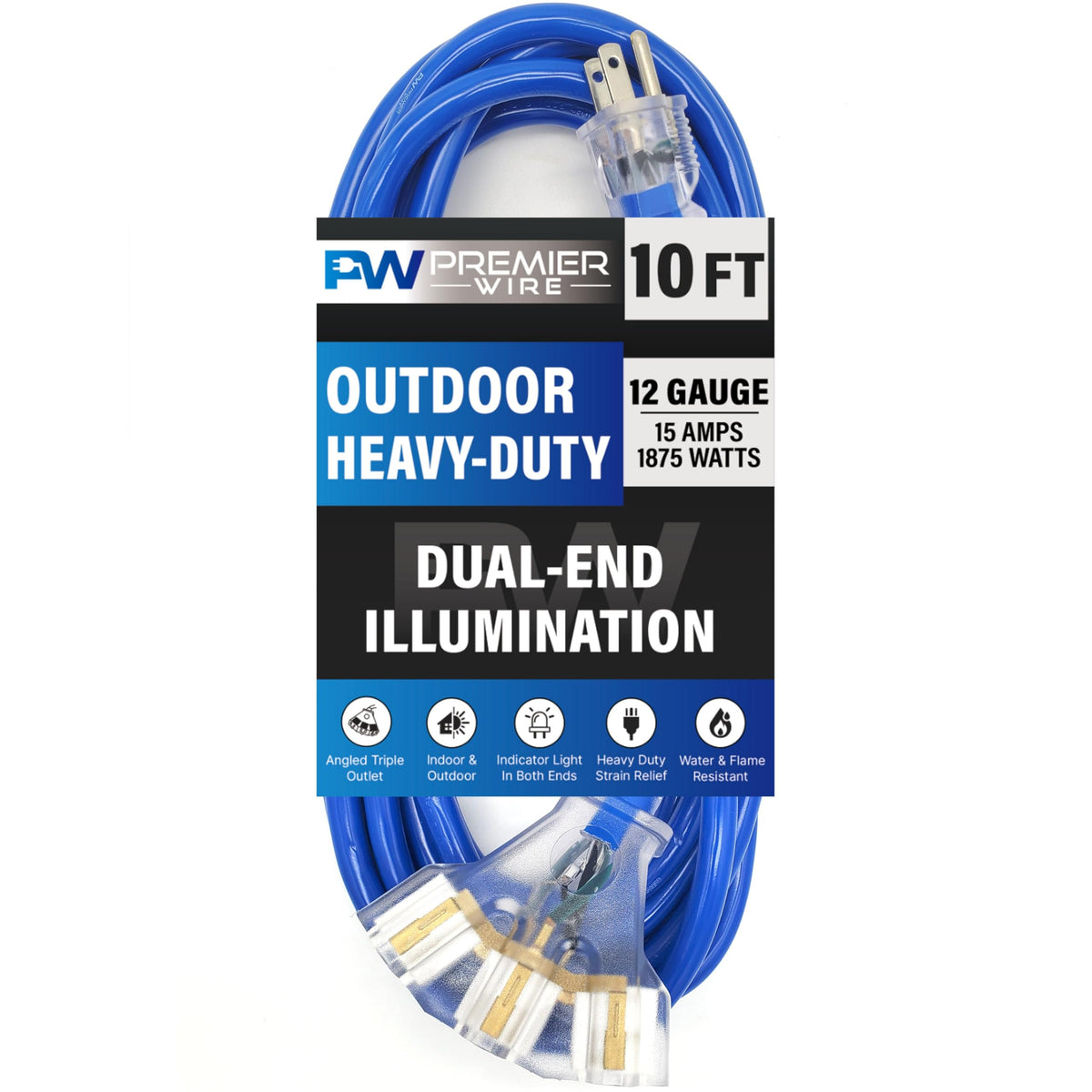 25 ft - 12 Gauge Heavy Duty Extension Cord - Lighted on Both Ends - SJTW Blue - Outdoor Extension_Cord Waterproof 25 ft by Premier Wire - 15 Amp ExtensionCord (25 Foot 12-Awg Power Cord Blue)