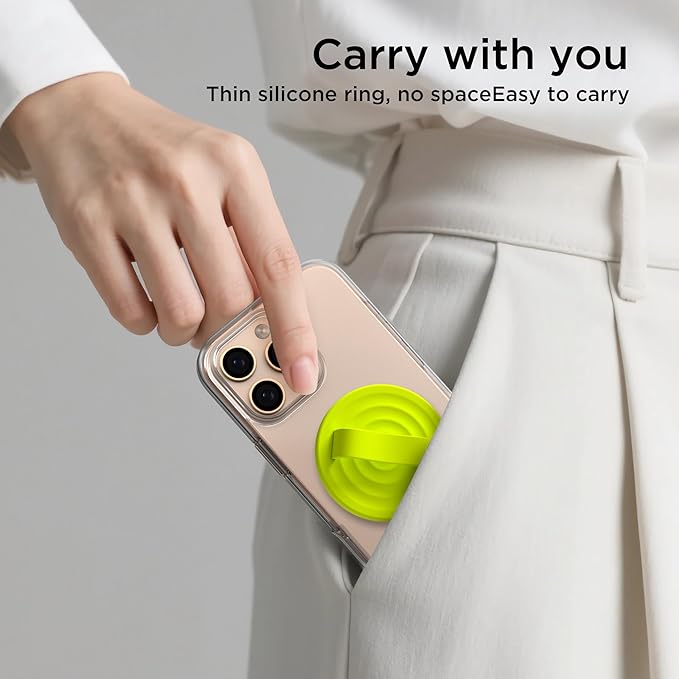 Magnetic Phone Ring Grip Holder, Silicone Finger Loop Grip, Compatible with MasSafe, Back of Phone for iPhone Pro Max/Plus/16/15/15/14/13/12 Series, Neon Yellow