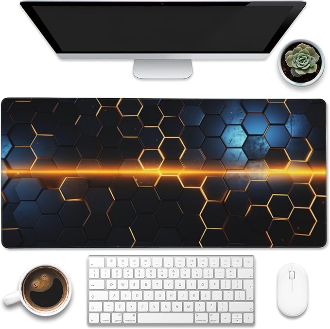 Eflxamz Large Gaming Mouse Pad, Koi Fish Ink Painting Desk Mat, Golden Line Lotus Desk Pad, Extended Big Computer Keyboard Mouse Pad with Non-Slip Base and Stitched Edge