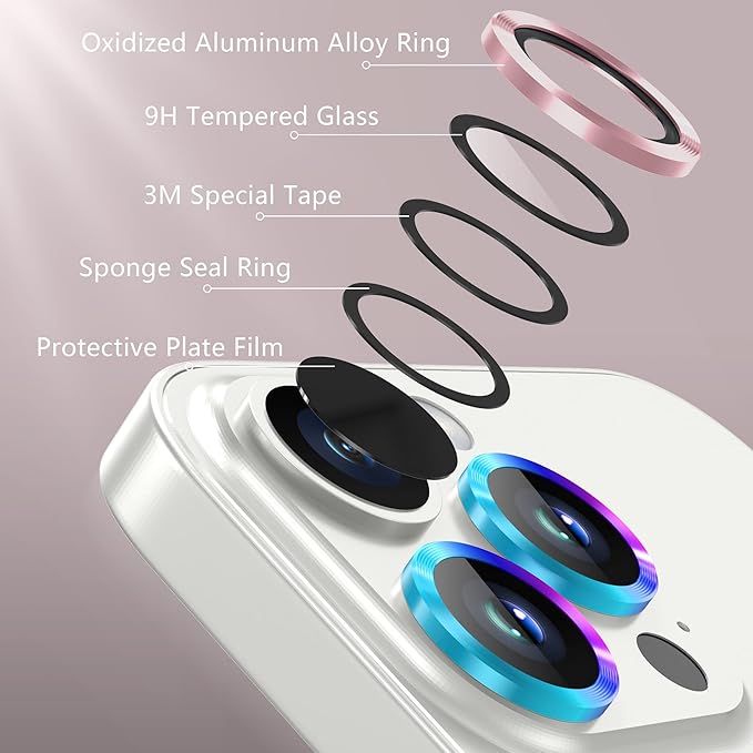 AGVEE 3+3 Camera Lens Protector for iPhone 15 Pro 6.1" / 15 Pro Max 6.7", Brushed Metal Ring 9H Tempered HD Glass Camera Protector Cover Film, Pink