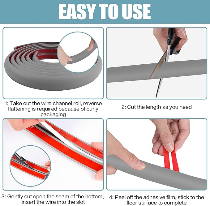 Floor Cord Cover Self Adhesive Cord Hider,10FT Cable Management, Extension Strip Protector for Wires, Prevent Cable Trips for Offices, Gyms, Exhibitions Cavity:0.39"(W) x 0.27"(H) Gray