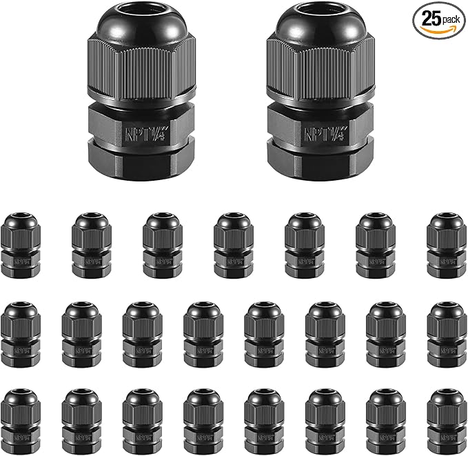 RTHIEAI 25 PCS 3/4"(12.5-18mm) NPT Nylon Cable Gland Joints with Gaskets, IP68 Adjustable Lock Nut Strain Relief Cord Grip Waterproof Cable Glands - UL Listed and RoHS Compliant