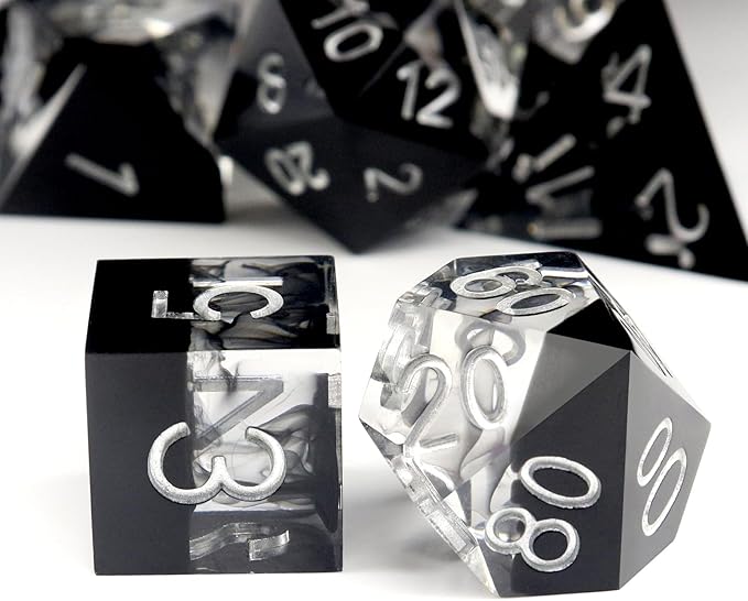 Haxtec Sharp Edge DND Dice Set Black Swirls Resin Dice with Dice Case D&D Dice for RPG Role Playing Games Compatible with Dungeons and Dragons Gifts