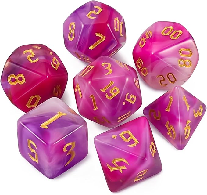QMAY DND Dice Set -D&D Polyhedral Dice (7 Pcs) for Dungeons and Dragons (Purple Green Four Colors)