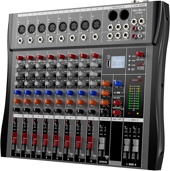 Professional DJ Audio Mixer, 12 Channel Audio Mixer, Bluetooth Sound Mixer, USB Interface, 12 XLR Mic/Line Input, AUX, FX Processor MP3, Headphone,+48V Phantom For Karaoke Studio Streaming Recording