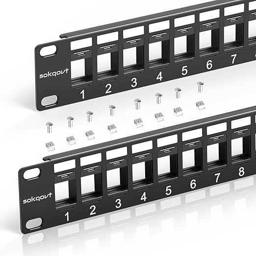 Sokqovt 48 Port Blank Keystone Patch Panel with Snap-in Design (4 Pack), Cat6 Network Patch Panel 2U 19 inch, Rack Mount Ethernet Patch Panel (for Slim Keystone Only)