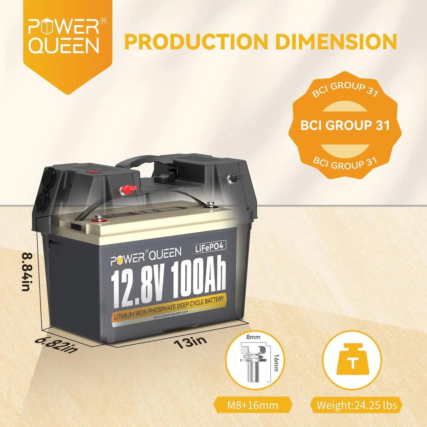 Power Queen LiFePO4 Battery 12V 100Ah, Group 31 Lithium Battery, with 1280Wh Energy and BMS Protection, Up to 15000 Deep Cycles for RV Trailer, Camper Van, Solar Off-Grid