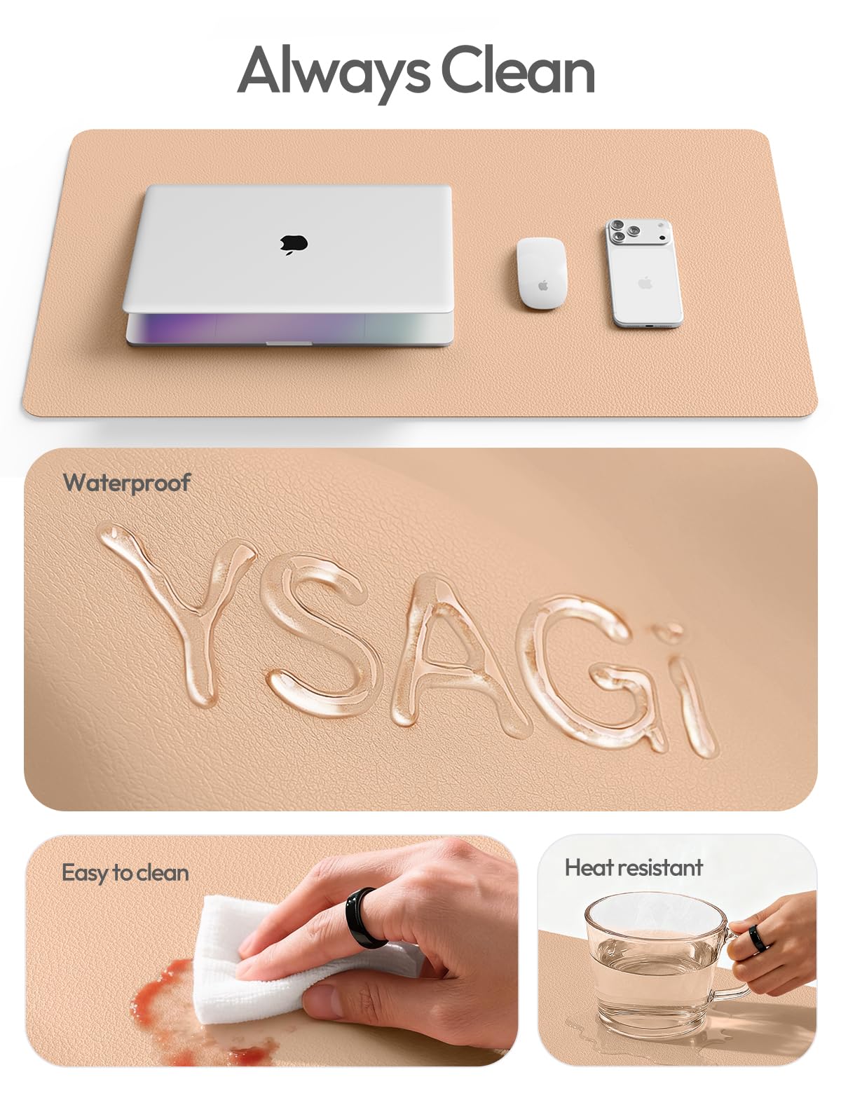 YSAGi Leather Desk Protector, Office Mat, Large Mouse Mat, Non-Slip PU Leather Blotter, Laptop Desk Pad, Waterproof Writing Pad for Office and Home (Latte, 31.5" x 15.8")