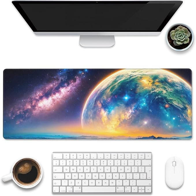 Eflxamz Large Gaming Mouse Pad for Desk,Cute Forest Mushroom Desk Mat,Starry Night Mushroom Desk Pad,Extended Big Computer Keyboard Mouse Pad with Non-Slip Base and Stitched Edge,35.4"x15.7"
