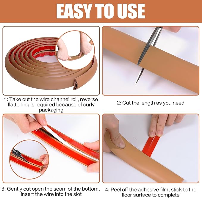 Floor Cord Cover Cavity 0.8"x0.37" Self Adhesive Cord Hider, 10FT Low Profile Cable Management, Extension Strip Protector for Wires, Prevent Cable Trips for Offices, Gyms, Exhibitions(Brown)