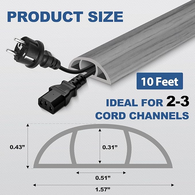 Floor Cord Cover for Wires on Floor Self Adhesive Cord Hider Floor Cable Management Wire Covers for Cords Protector Prevent Cable Trips Cord Cavity W 0.51" x H 0.31", Gray Wood, 10Ft
