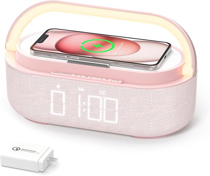 Bluetooth Speaker Alarm Clock & Wireless Charger for Bedside, Home, Office