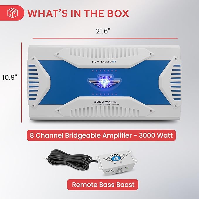 Pyle Hydra Marine Amplifier - Upgraded Elite Series 3000 Watt 8 Channel Bridgeable Amp Tri-Mode Configurable, Waterproof, MOSFET Power Supply, GAIN Level Controls and RCA Stereo Input - PLMRA830BT