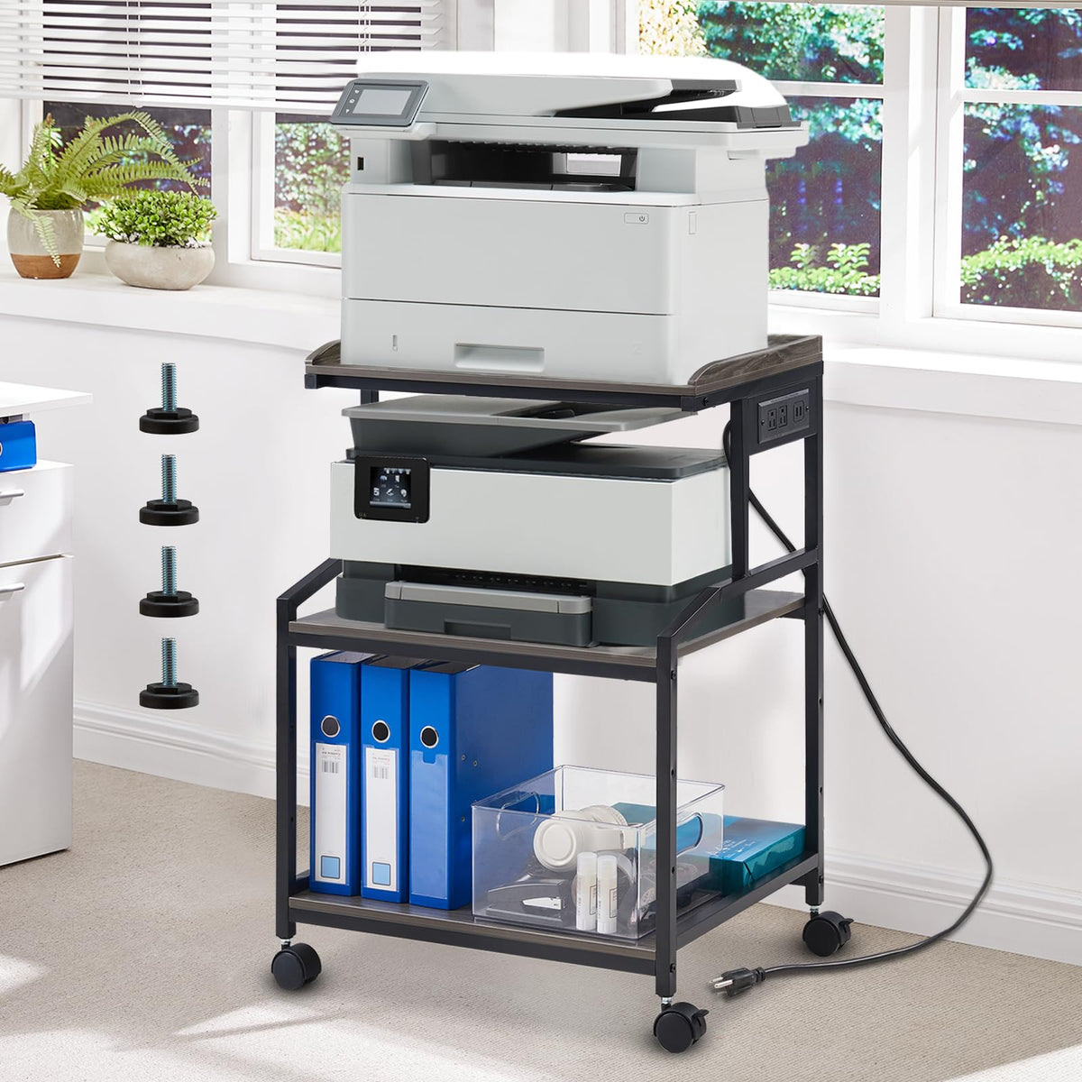 Lauren&Harold 34'' Printer Stand with Power Outlets & USB Ports Grey/White