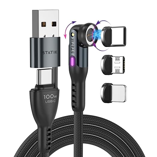 Statik 360 Pro Magnetic Charging Cable, USB-C Micro-USB Lightning Tips 100W