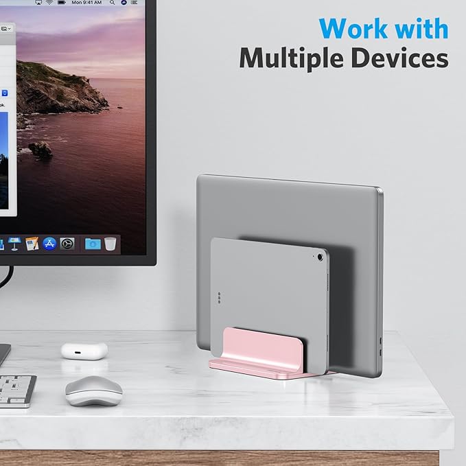 OMOTON Dual Vertical Desk Laptop Stand Holder, Fits MacBook Air, Rose Gold