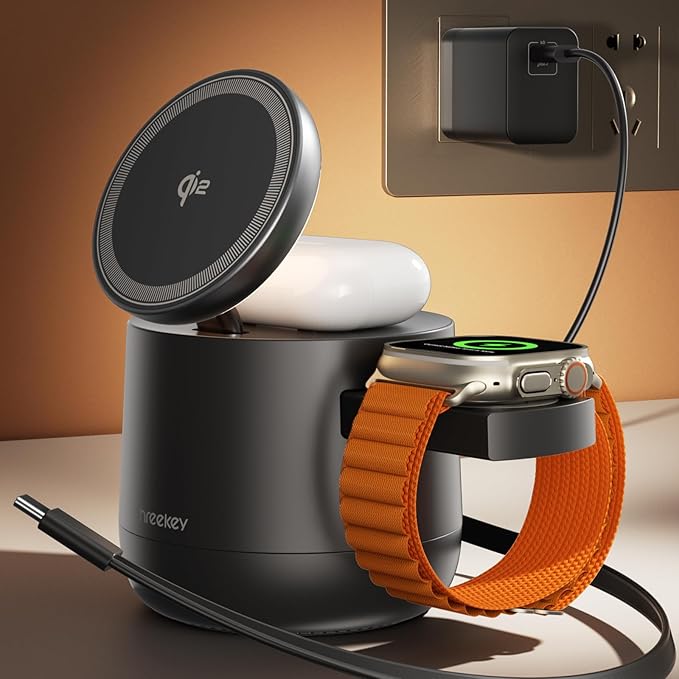 THREEKEY 4 in 1 Qi2 Magnetic Wireless Charging Station, 15W Fast Charger with Made for Apple Watch Charging Module, for iPhone 17â12 Series & AirPods, 65W Adapter Included