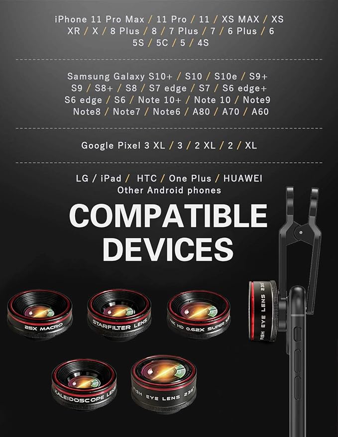 Phone Camera Lens Kit 10 in 1 for iPhone Samsung Pixel Android, 22X Telephoto Lens, 0.62X Super Wide Angle Lens&25X Macro Lens, 235° Fisheye,Kaleidoscopes, Starlight,Tripod,for Most Smartphone Black