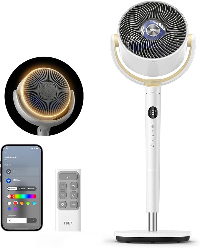 DREO Smart Fans for Bedroom, 120ยฐ +120ยฐ Omni-Directional Oscillating Fan, 100ft Quiet Pedestal Fan with RGB Light, 9 Speeds, 6 Modes, 20dB, 8H Timer, Wi-Fi/Voice, 35-40" Floor Fans with Remote