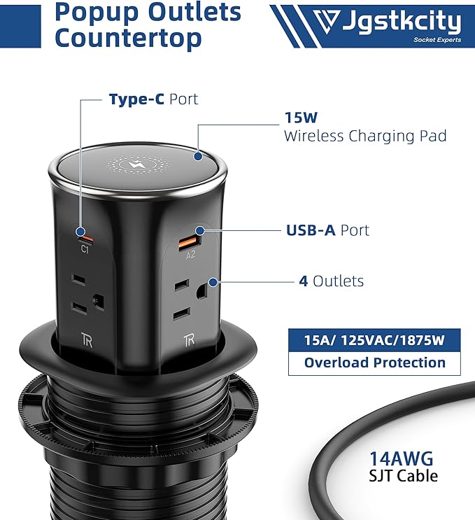 Jgstkcity Pop Up Countertop Outlet with 15W Wireless Charger,20W USB C Ports,Flush Mount Tamper Resistant,Recessed Grommet Receptacle,4 USB 4 Outlets,15A,1875W,ETL Listed,3.15in Hole,Black