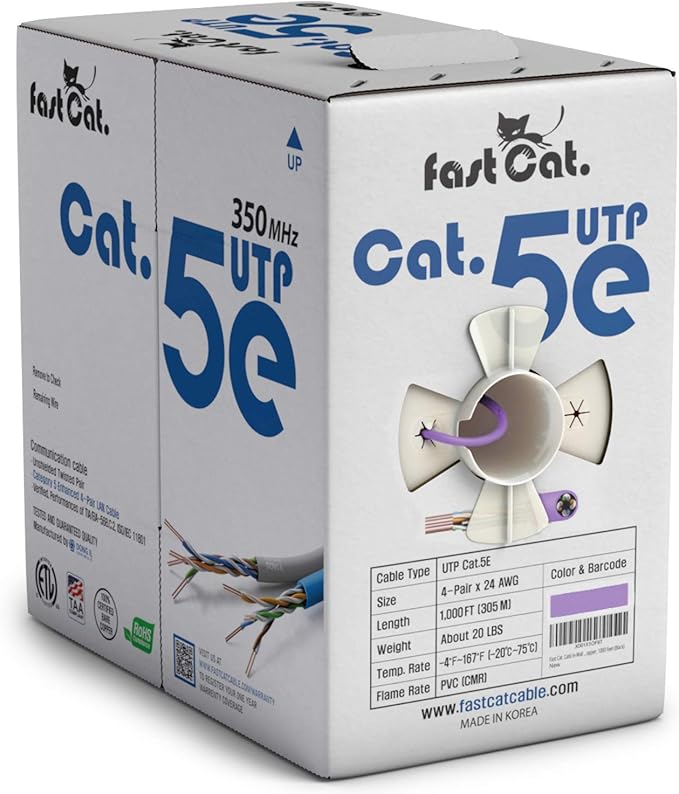 fast Cat. Cat5e Ethernet Cable 1000ft - ETL Listed 24 AWG, CMR, Insulated Bare Copper Wire Cat 5 ethernet Cable with FastReel - 350MHZ / Gigabit Speed UTP Cable Cat5e - CMR (Blue)