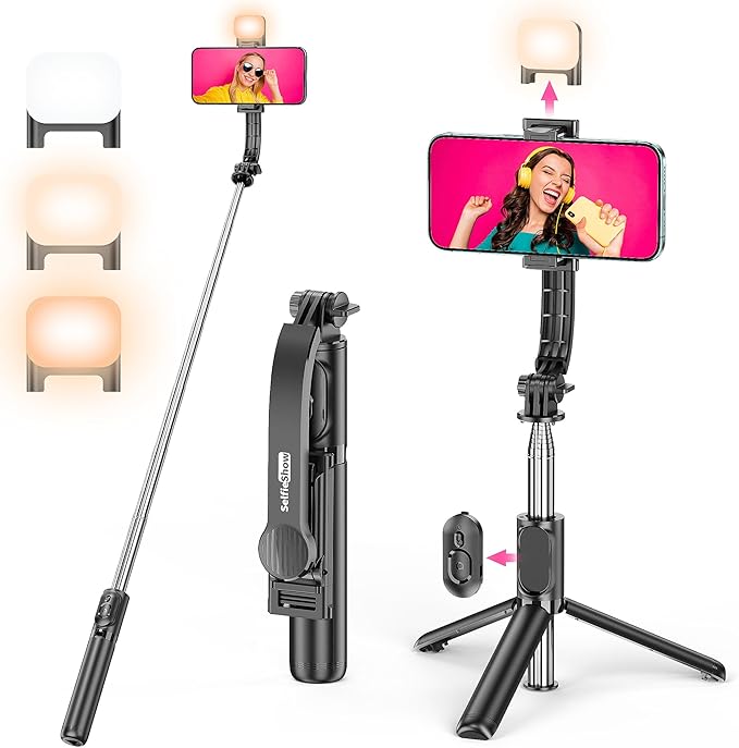 SelfieShow Selfie Stick, Extendable Selfie Stick Tripod with Wireless Remote and Tripod Stand, Portable, Lightweight, Compatible with iPhone 17 16 15 14 13 12 Pro Xs Max/Samsung Smartphone and More