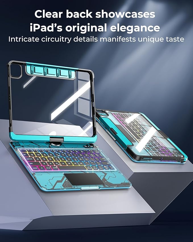 SIEBITU Clear Wireless Keyboard Case for iPad Air 11-inch (M3 2025/M2 2024) & iPad Pro 11-inch 4th 3rd 2nd 1st Gen, 7-Color Backlit with Multi-Touch Trackpad for 10.9" iPad Air 4th/5th Gen, Blue