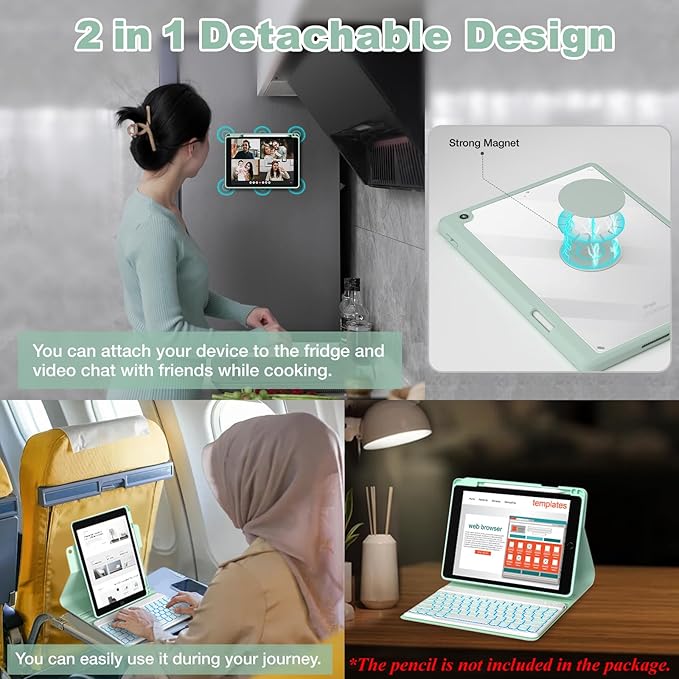 BLUTLOTUS Keyboard Case for iPad 7th/8th/9th Generation 10.2'' 2019/2020/2021, 360° Rotatable Magnetic Keyboard Case with Pencil Holder Groove, 7 Color Backlit Wireless Detachable Keyboard (Sky Blue)