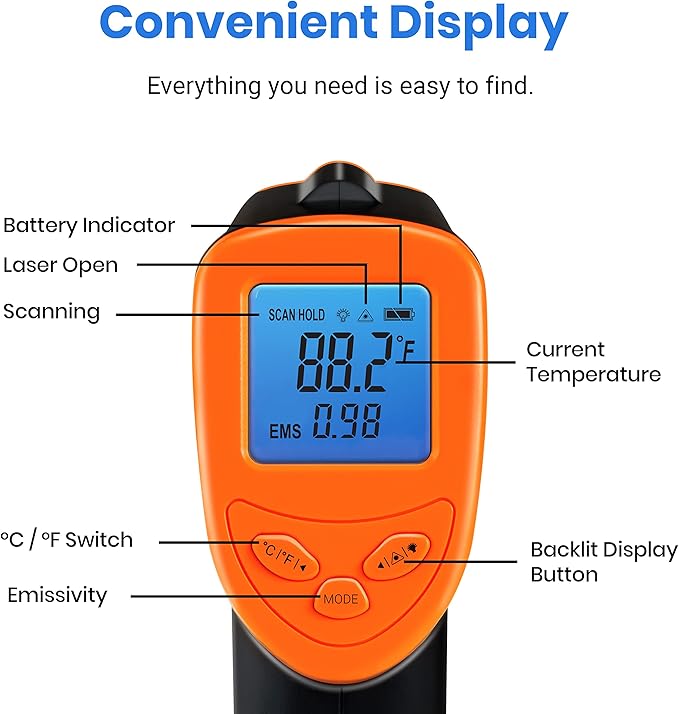 Etekcity Infrared Thermometer 1080, Heat Temperature Temp Gun for Cooking, Laser IR Surface Tool for Pizza Oven, Meat, Griddle, Grill, HVAC, Engine, Accessories, -58ยฐF to 1130ยฐF, Orange