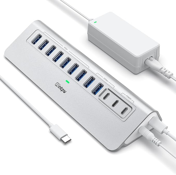 Powered USB Hub 10Gbps, intpw 9-Port USB 3.2 Hub, USB C Hub with USB A/USB C 3.2, 4 USB 3.0, 2 PD 45W Charging Ports, 65W Power Adapter and 3.3FT Cable, Aluminum USB Hub for PC,Laptop,iPhone 17/16/15