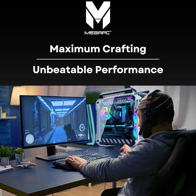 MegaPC Mino Open-Frame ATX Gaming Case โ Industrial Design, Tempered Glass Panels, High Airflow, ARGB Lighting, USB-C Port (Black/White/Print Stream, with Fans Only)