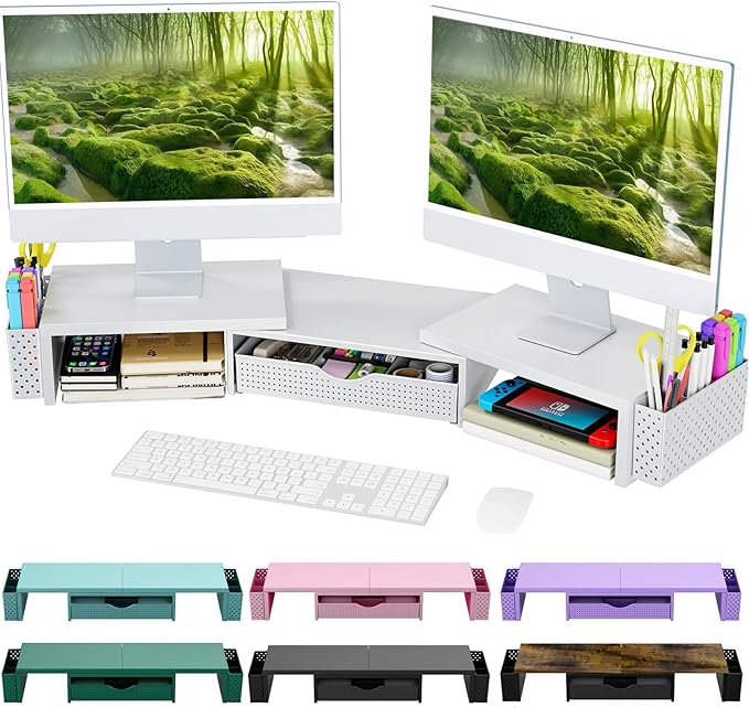 Spacrea Wood Dual Monitor Stand Riser with Drawer and 2 Pen Holders