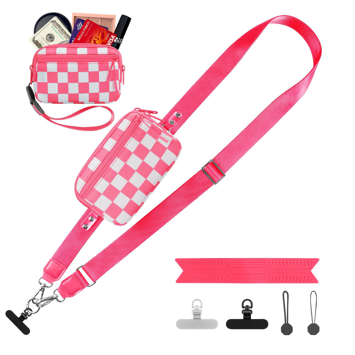 YFWE Clip and Go Strap for Phone with Wallet Crossbody, Adjustable Phone Lanyard with Detachable RFID Wristlet Wallet, Phone Strap with Phone Tabs for All Phones, Black Checkered (M)
