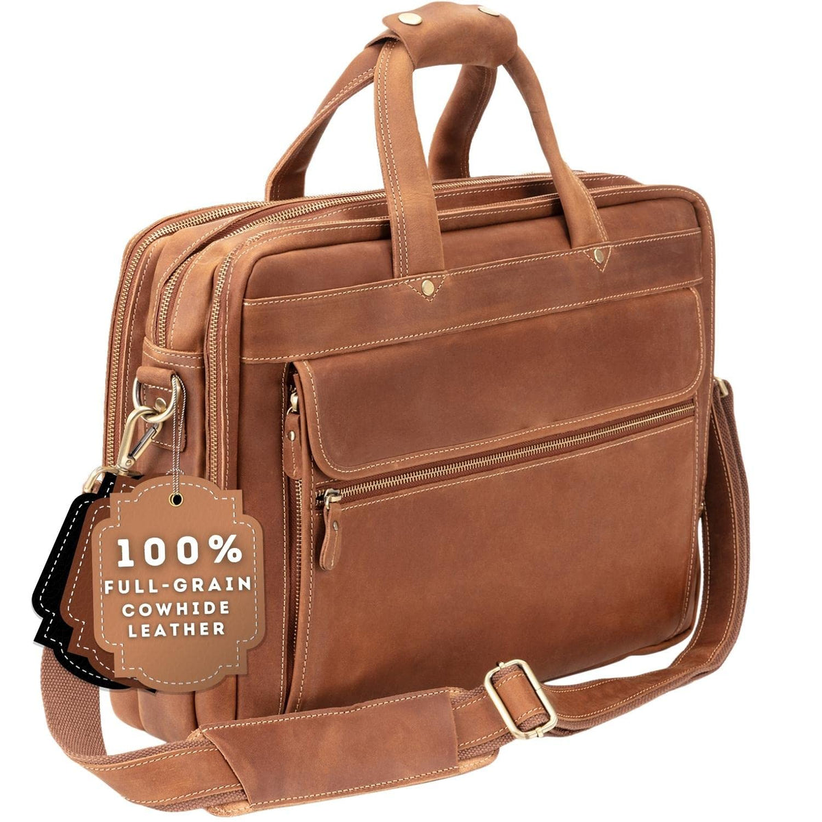 Luxorro Full Grain Leather Briefcase for Men, Top Choice Gifts for Men, Handcrafted Leather Laptop Bag with Multiple Compartments and Brass Hardware, Fits 15.6 Inch Laptop