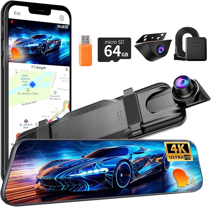 Mirror Dual Dash Camera for Car, Dashcam 4K Front 2.5K IMX335 Rear View/ADAS BSD LCA Wi-Fi&APP WDR Night Vision G-Sensor Loop Recording Parking Monitor 64GB Card