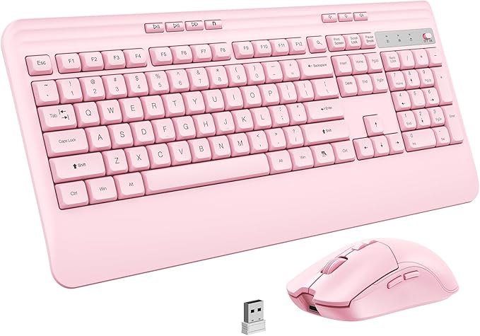 KOPJIPPOM Wireless Keyboard and Mouse Set with Quiet Keys, 2.4G Full Size Ergonomic Keyboard with Wrist Rest, Protective Covers, Soft Touch Silent Design for Windows, Computer, PC and Laptop