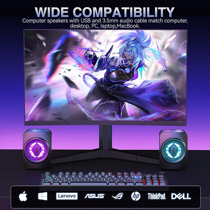 Computer Speakers,RGB PC Speakers, USB Powered 3.5mm Aux Speaker for Desktop, PC, Laptop, Tablet - Small Computer Speakers | Clear Sound & 7-Color Dynamic Lighting