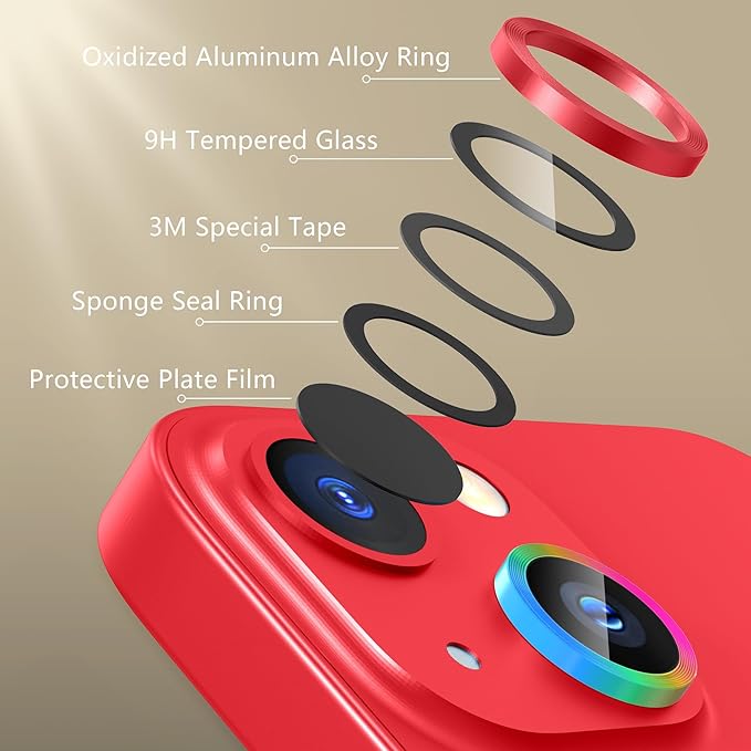 AGVEE 3+3 6 Pack for iPhone 14 6.1" / 14 Plus 6.7" Camera Lens Cover Protector, Metal Ring 9H Tempered HD Glass Camera Cover Protector Film, Red