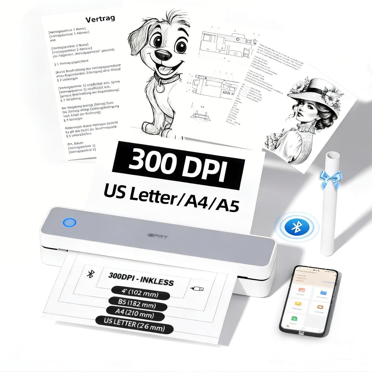 Portable Thermal Printer Wireless for Travel, 300DPI Inkless Small Printers