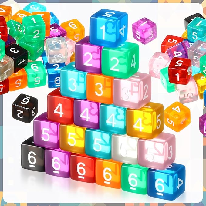 Poen 100 Pcs 16mm Dice Set Bulk, 6 Sided Standard Colored Dices with Numbers, D6 Polyhedral Games Dice for Board Games, Parties (Transparent Color)