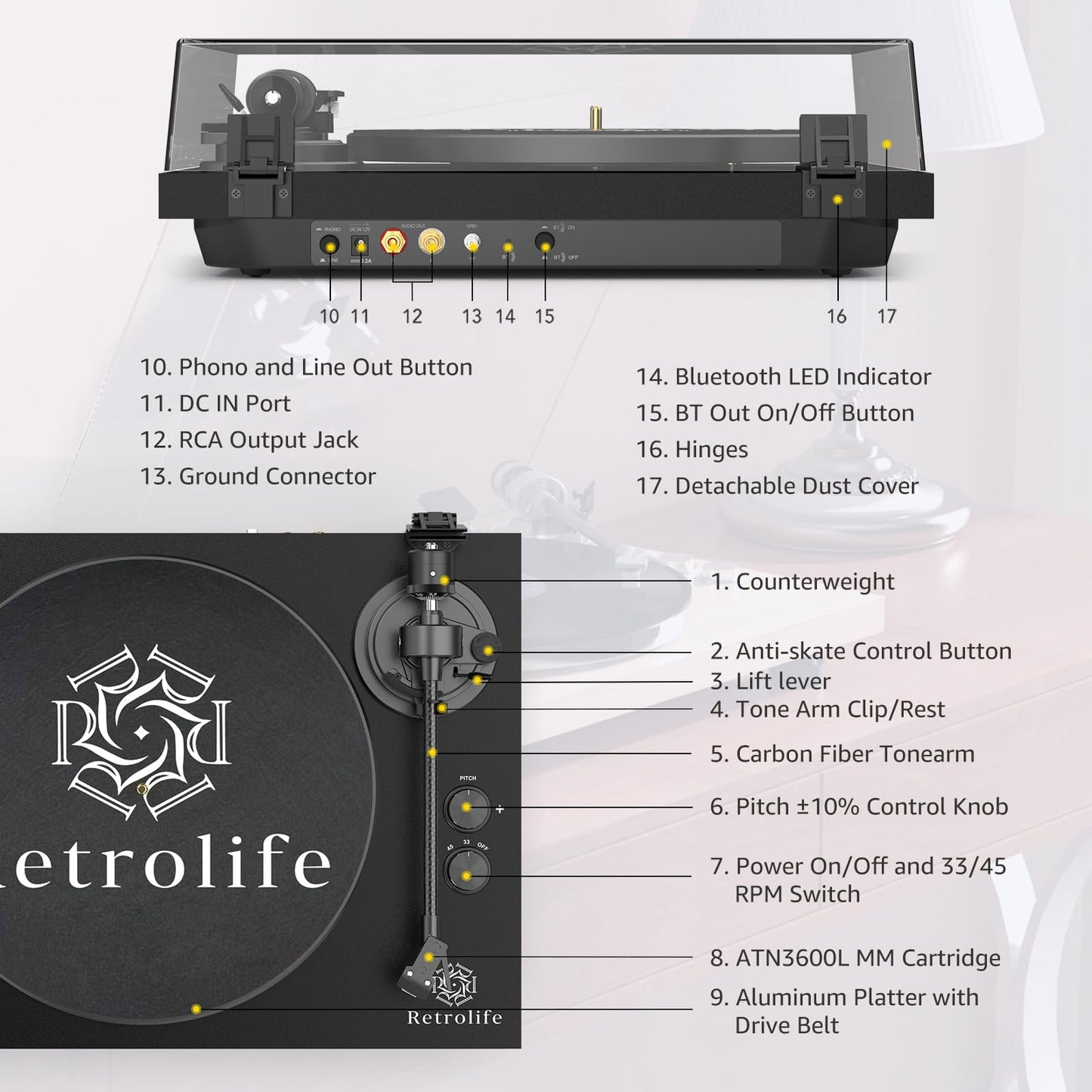 Retrolife Record Player Wireless Output Turntables AT-3600L Cartridge Black