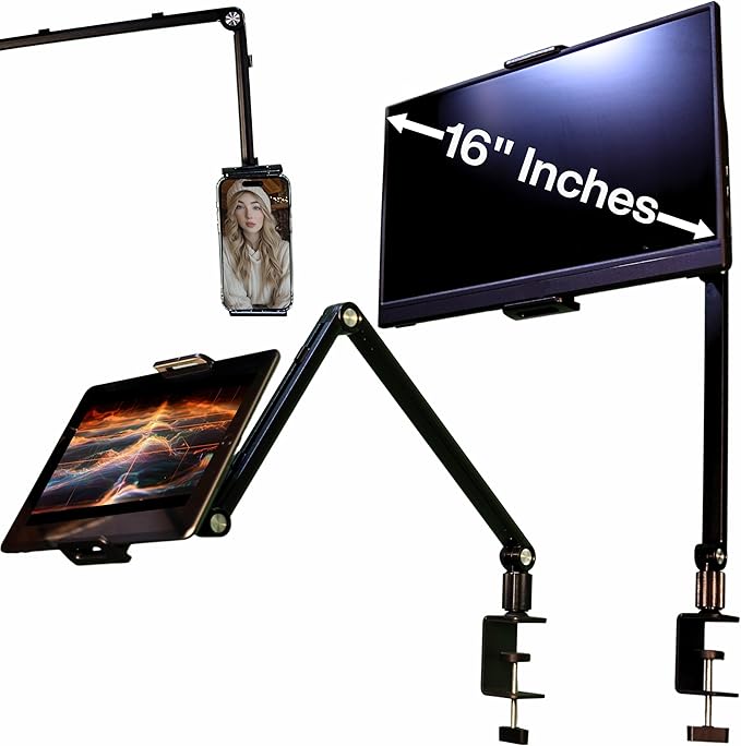 FORTIHOLD Stand for 16 Inch Portable Monitor - Heavy Duty Aluminum Mount with Infinite Angle Adjustment, Built-in Cable Management - Fits iPad Pro 12.9, Tablets, iPhone (Holds 4.7"-16" Devices)
