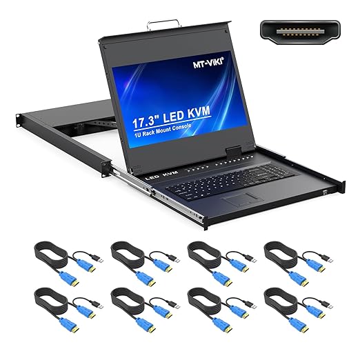 MT-VIKI 16-Port HDMI LCD KVM Console, 1U Rack Mount with 15.6'' LCD Monitor, 1080P@60Hz + 16 KVM Cables, for Short-Depth & Standard Rack