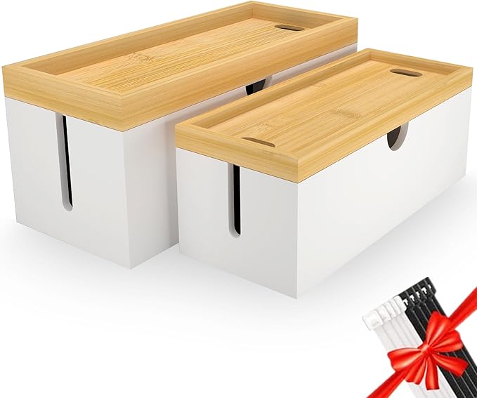 Bamboo Cable Management Box, Large Cord Organizer Box Cable Box to Hide Wires & Power Strips for Desktop Storage Cord Holder for Office Home,No Assembley Required (All Black, 1Medium)