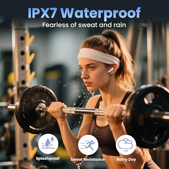 Wireless Earbuds, Bluetooth Headphones with Deep Bass Stereo, 48H Playback Ear Buds with LED Power Display Charging Case,Lightweight, IPX7, in-Ear Earphones with Mic for for Phone Tablet Laptop, White