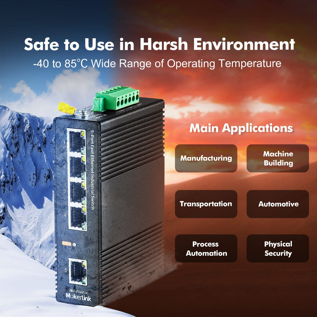 MokerLink 5 Port Industrial DIN-Rail Network Switch, 10/100Mbps Fast Ethernet, IP40 Rated Network Switch (-40 to 185°F), with UL Power Supply