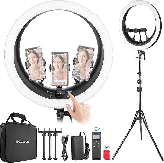 NEEWER 19" RGB LED Ring Light with Stand, 3 Phone Holders, Touch Panel, 2.4G/App Control, 42W CRI97+ 2800lux/0.5m 360° Hue Dimmable Professional Lighting for Makeup Live Streaming Zoom Calls